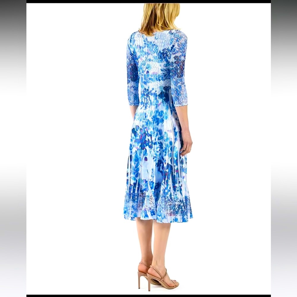 Komarov Charmeuse Floral Print Lace Insert VNeck 3/4 Sleeve Pleated A-Line Dress - Picture 2 of 6